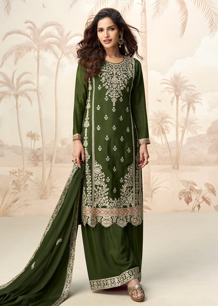 Buy Now Green Premium Chinnon Festive Wedding Palazzo Suit Suit Online in US, UK, Canada, Germany, Italy, France, Austria & Worldwide at Empress Clothing.