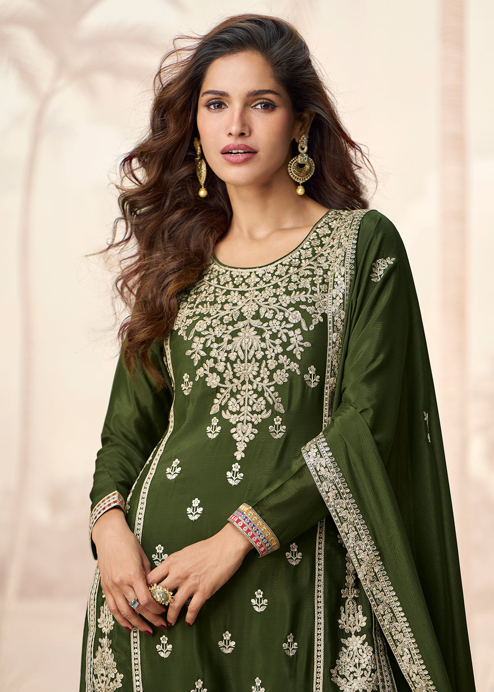 Buy Now Green Premium Chinnon Festive Wedding Palazzo Suit Suit Online in US, UK, Canada, Germany, Italy, France, Austria & Worldwide at Empress Clothing.