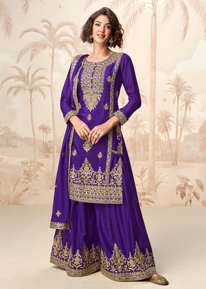 Buy Now Purple Premium Chinnon Festive Wedding Palazzo Suit Suit Online in US, UK, Canada, Germany, Italy, France, Austria & Worldwide at Empress Clothing.