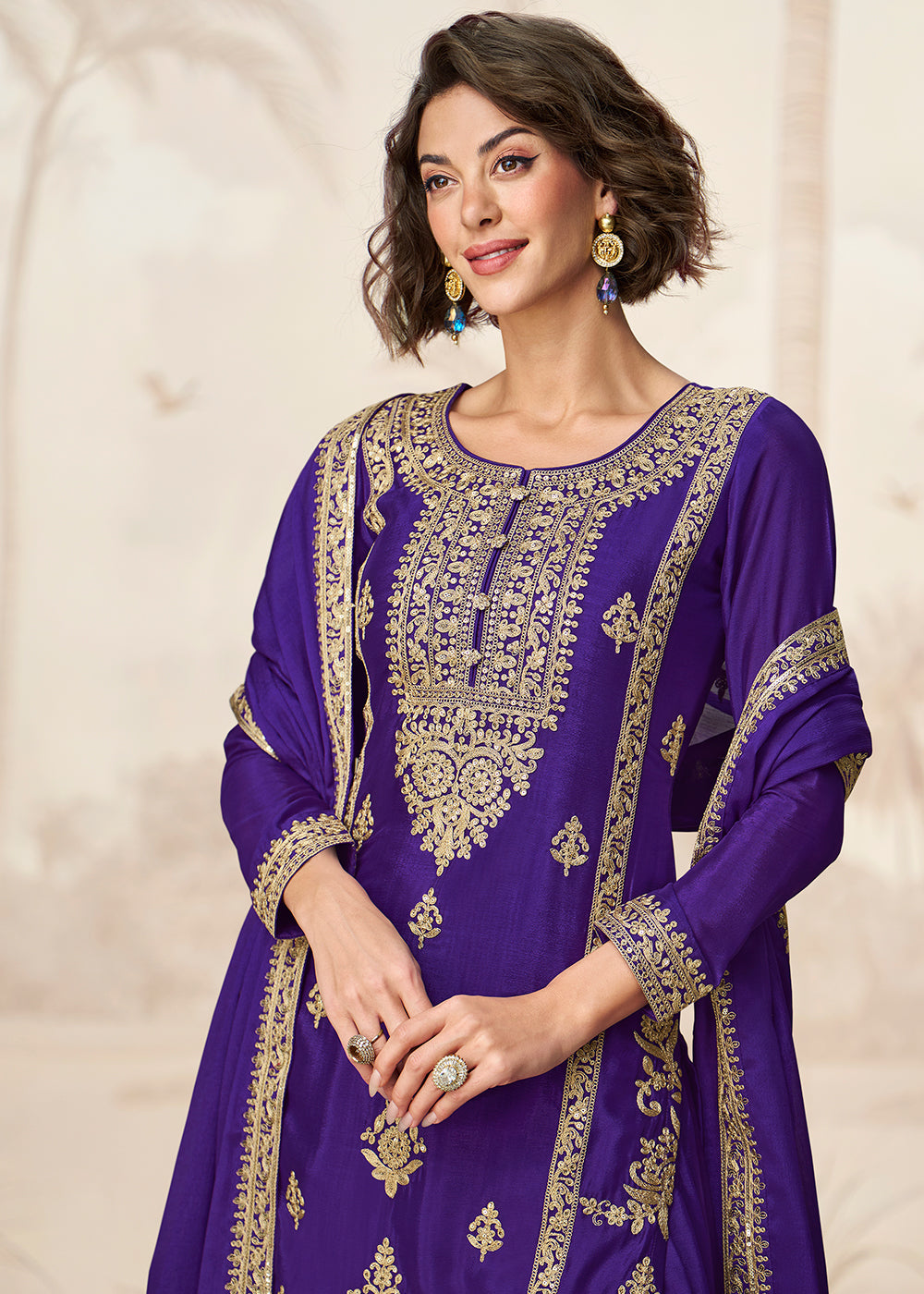 Buy Now Purple Premium Chinnon Festive Wedding Palazzo Suit Suit Online in US, UK, Canada, Germany, Italy, France, Austria & Worldwide at Empress Clothing.