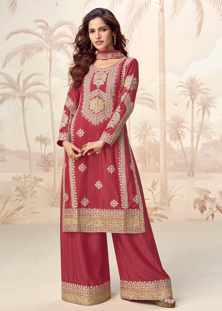 Buy Now Red Premium Chinnon Festive Wedding Palazzo Suit Suit Online in US, UK, Canada, Germany, Italy, France, Austria, UAE & Worldwide at Empress Clothing.