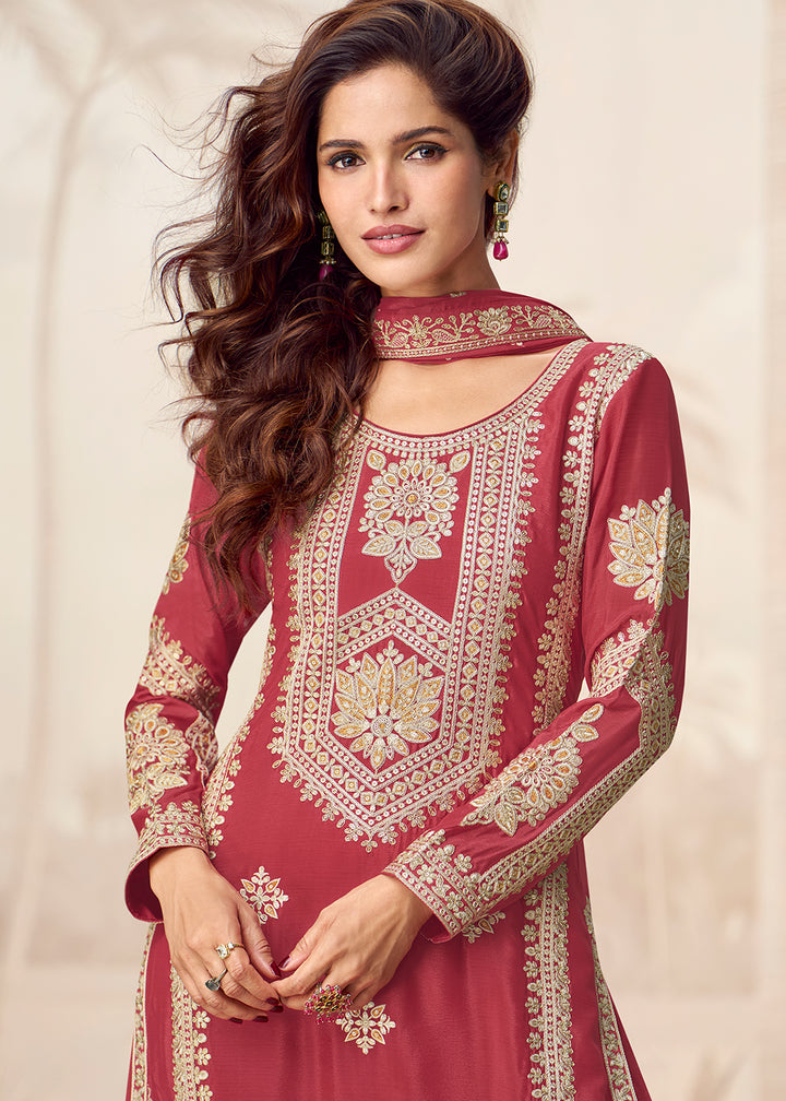 Buy Now Red Premium Chinnon Festive Wedding Palazzo Suit Suit Online in US, UK, Canada, Germany, Italy, France, Austria, UAE & Worldwide at Empress Clothing.