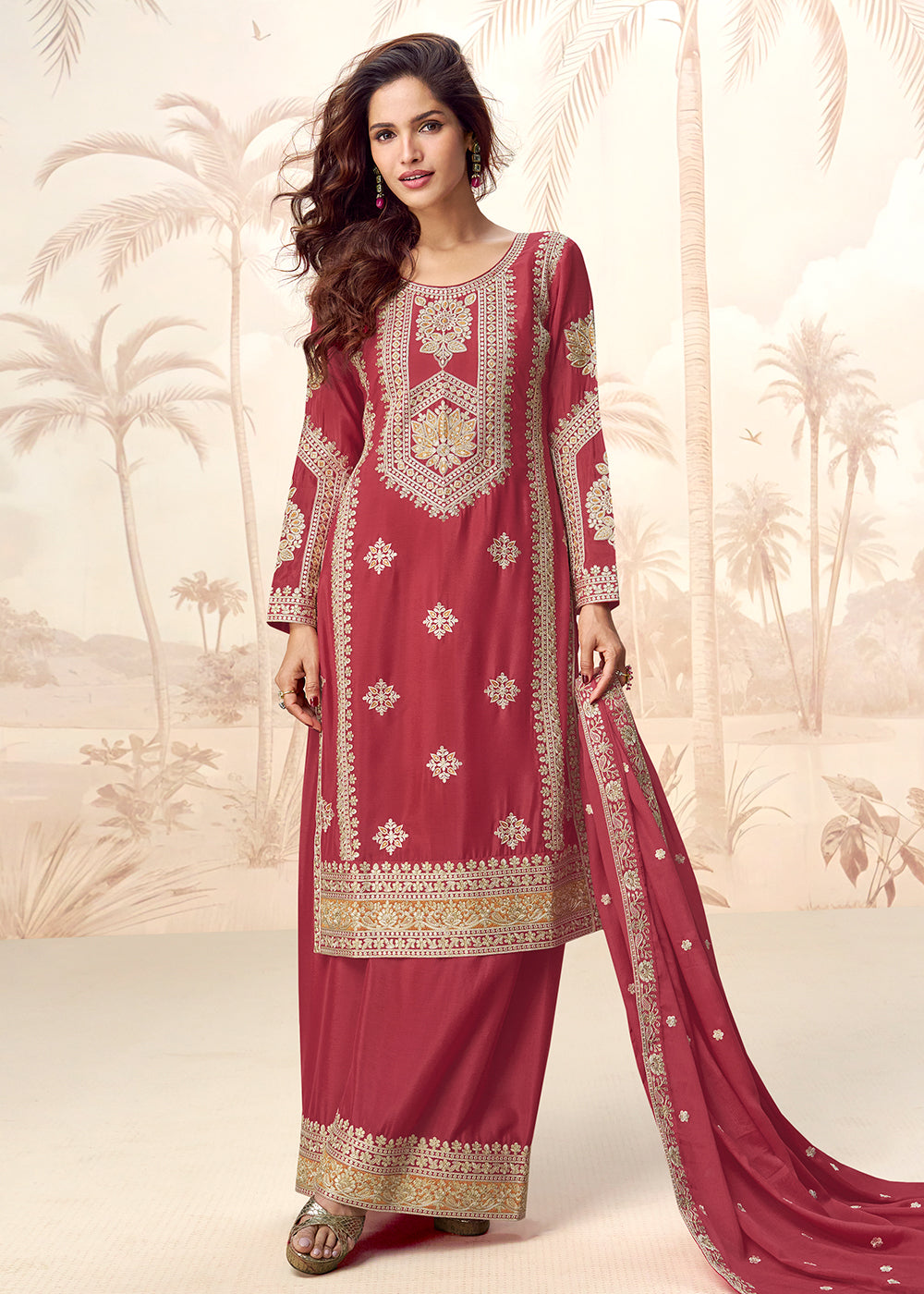 Buy Now Red Premium Chinnon Festive Wedding Palazzo Suit Suit Online in US, UK, Canada, Germany, Italy, France, Austria, UAE & Worldwide at Empress Clothing.