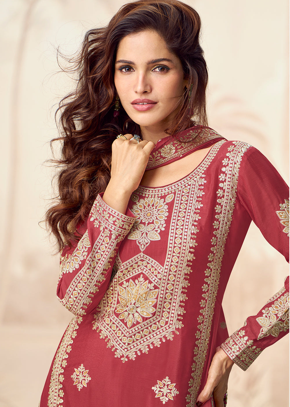 Buy Now Red Premium Chinnon Festive Wedding Palazzo Suit Suit Online in US, UK, Canada, Germany, Italy, France, Austria, UAE & Worldwide at Empress Clothing.
