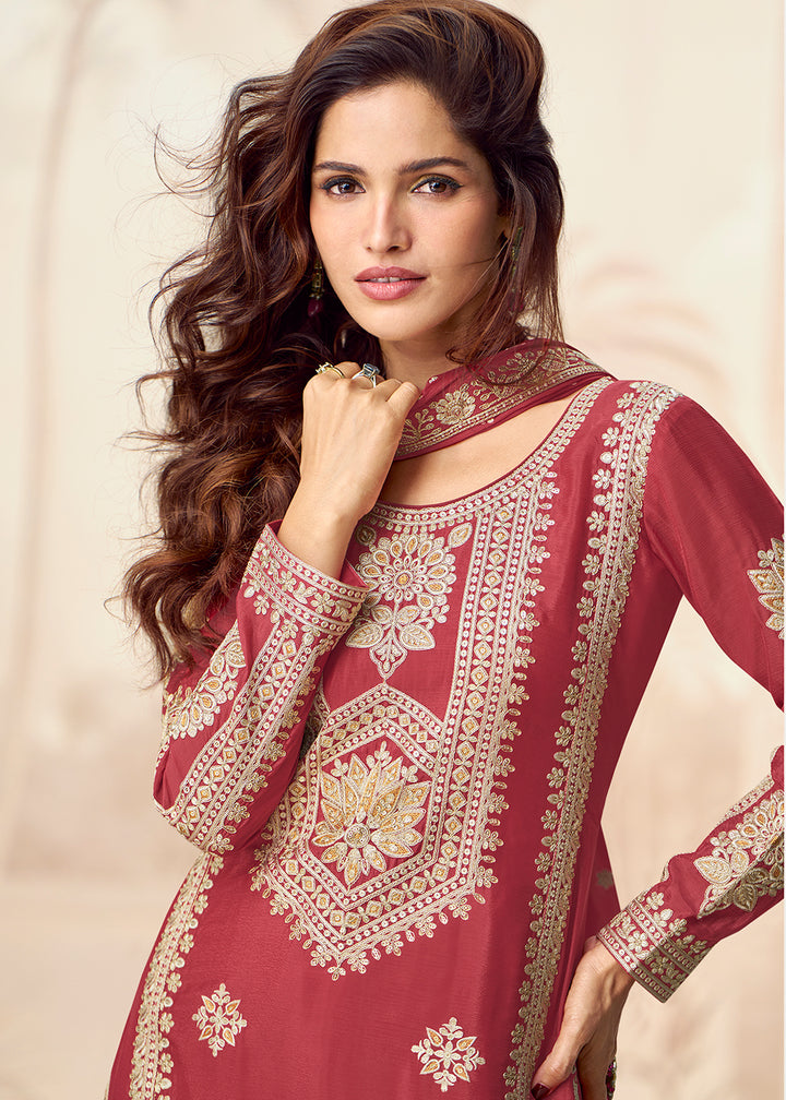 Buy Now Red Premium Chinnon Festive Wedding Palazzo Suit Suit Online in US, UK, Canada, Germany, Italy, France, Austria, UAE & Worldwide at Empress Clothing.