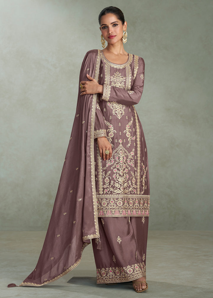 Buy Now Zari Threads & Sequins Mauve Palazzo Style Suit Suit Online in USA, UK, Canada, Germany, Italy, France, Austria, UAE & Worldwide at Empress Clothing.