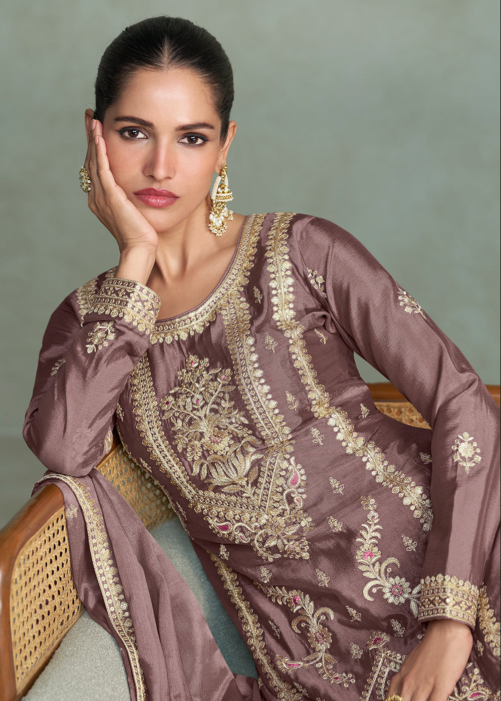 Buy Now Zari Threads & Sequins Mauve Palazzo Style Suit Suit Online in USA, UK, Canada, Germany, Italy, France, Austria, UAE & Worldwide at Empress Clothing.