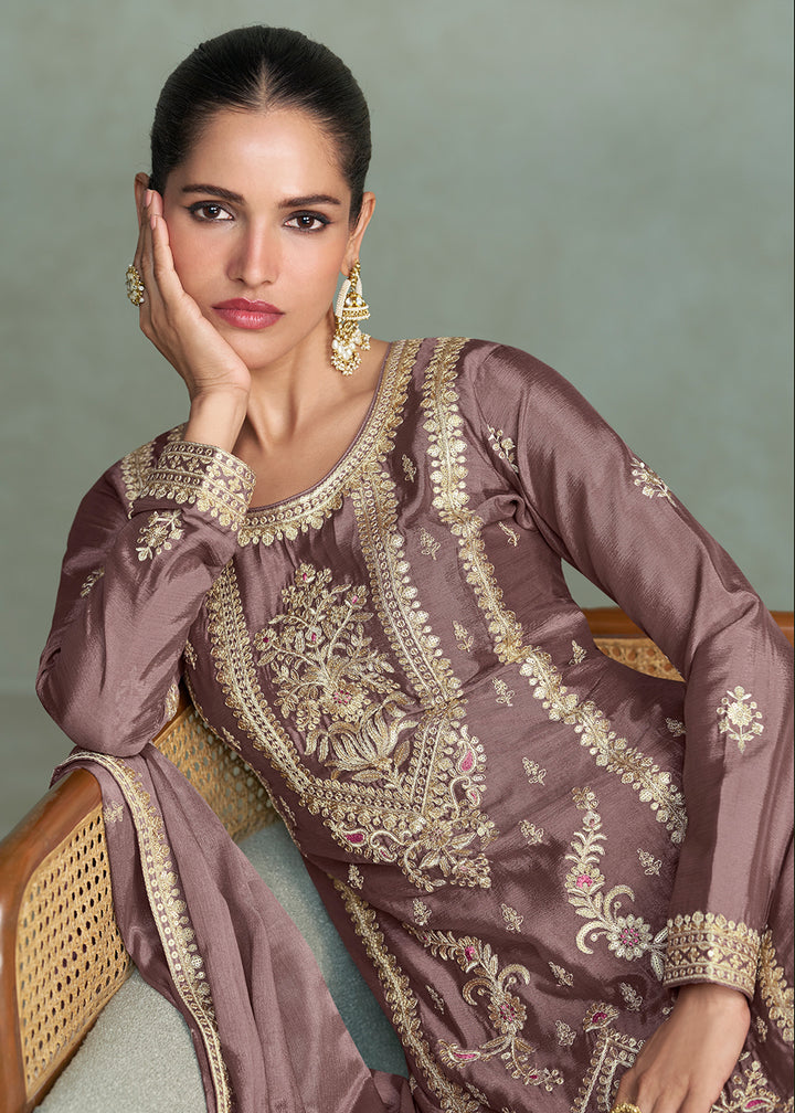 Buy Now Zari Threads & Sequins Mauve Palazzo Style Suit Suit Online in USA, UK, Canada, Germany, Italy, France, Austria, UAE & Worldwide at Empress Clothing.