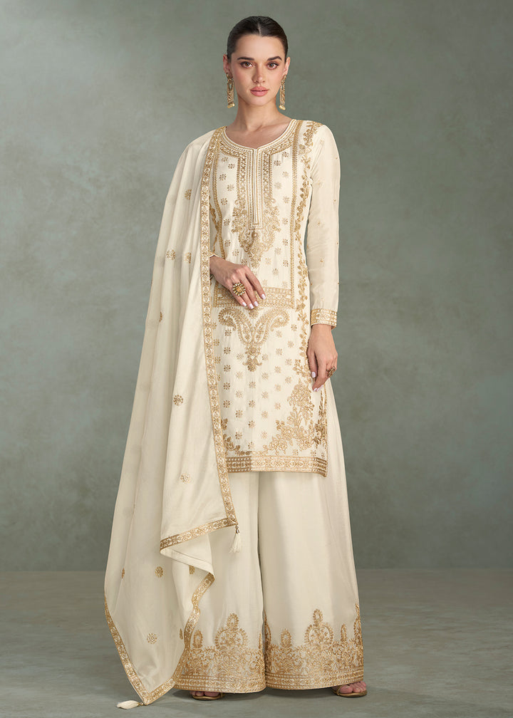 Buy Now Zari Threads & Sequins Off White Palazzo Style Suit Suit Online in USA, UK, Canada, Germany, Italy, France, Austria, UAE & Worldwide at Empress Clothing