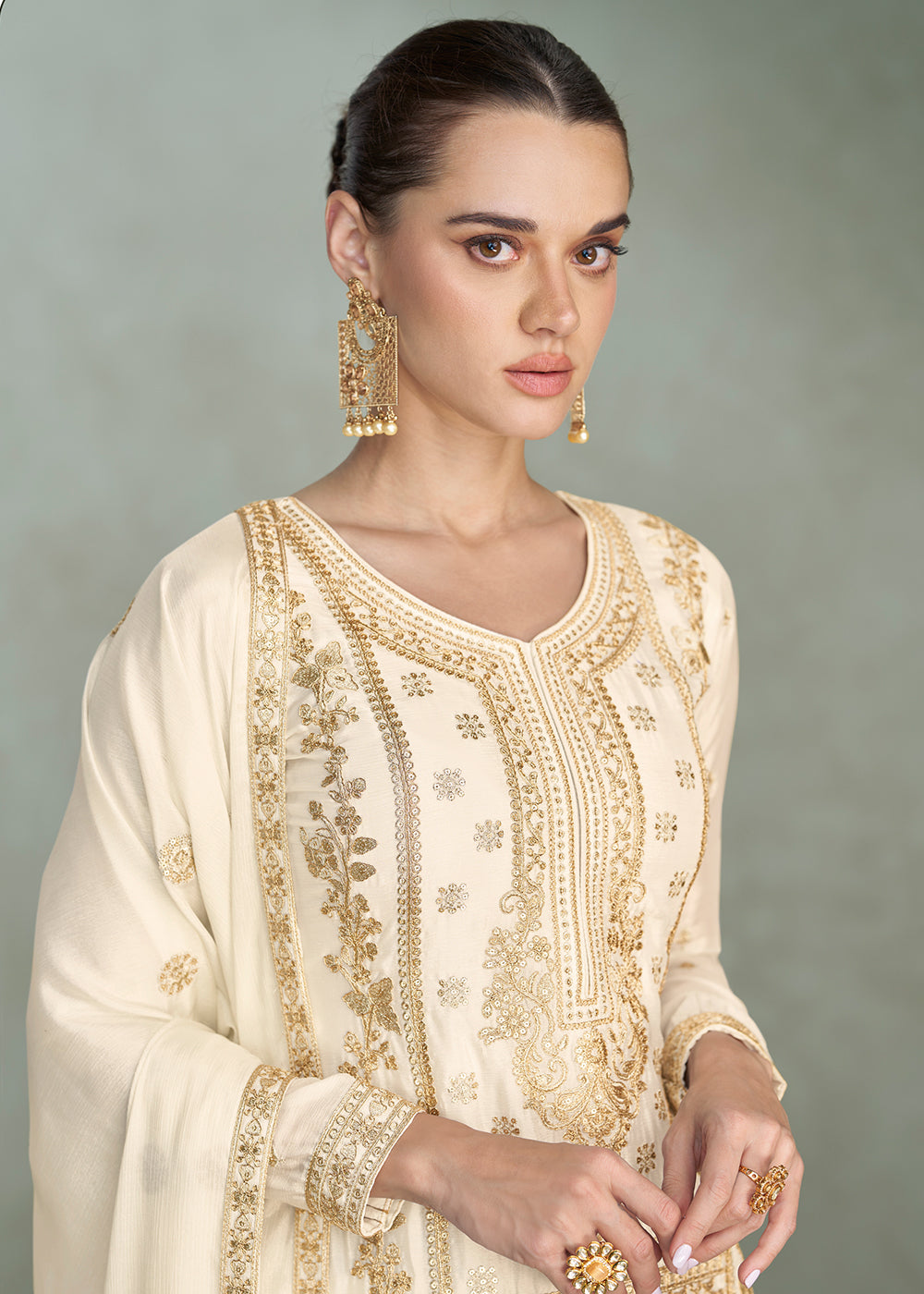 Buy Now Zari Threads & Sequins Off White Palazzo Style Suit Suit Online in USA, UK, Canada, Germany, Italy, France, Austria, UAE & Worldwide at Empress Clothing