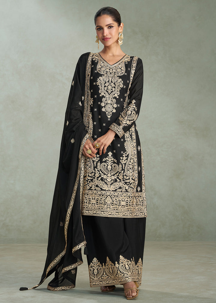 Buy Now Zari Threads & Sequins Black Palazzo Style Suit Suit Online in USA, UK, Canada, Germany, Italy, France, Austria, UAE & Worldwide at Empress Clothing.