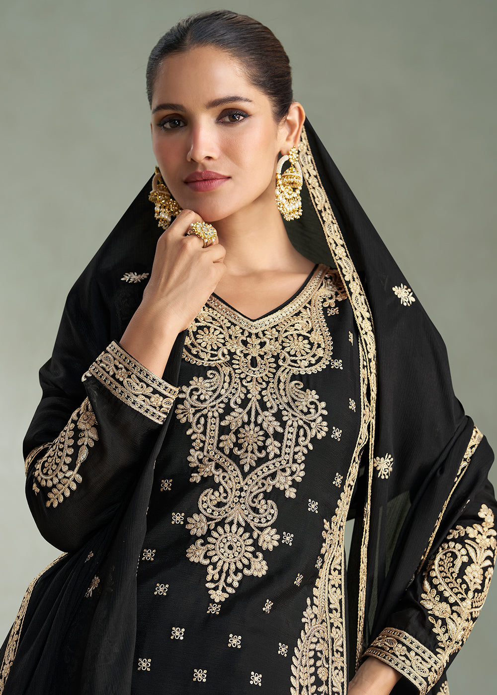 Buy Now Zari Threads & Sequins Black Palazzo Style Suit Suit Online in USA, UK, Canada, Germany, Italy, France, Austria, UAE & Worldwide at Empress Clothing.