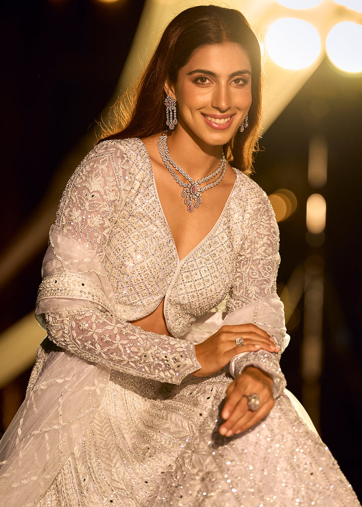 Buy Now Pastel Silver Net Reception Wear Lehenga Choli Online in US, UK, Canada, France, Germany, Sweden, Greece, Denmark, Spain, UAE & Worldwide at Empress.