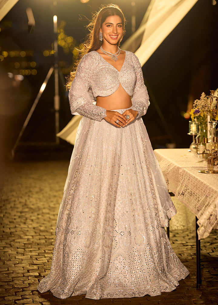 Buy Now Pastel Silver Net Reception Wear Lehenga Choli Online in US, UK, Canada, France, Germany, Sweden, Greece, Denmark, Spain, UAE & Worldwide at Empress.
