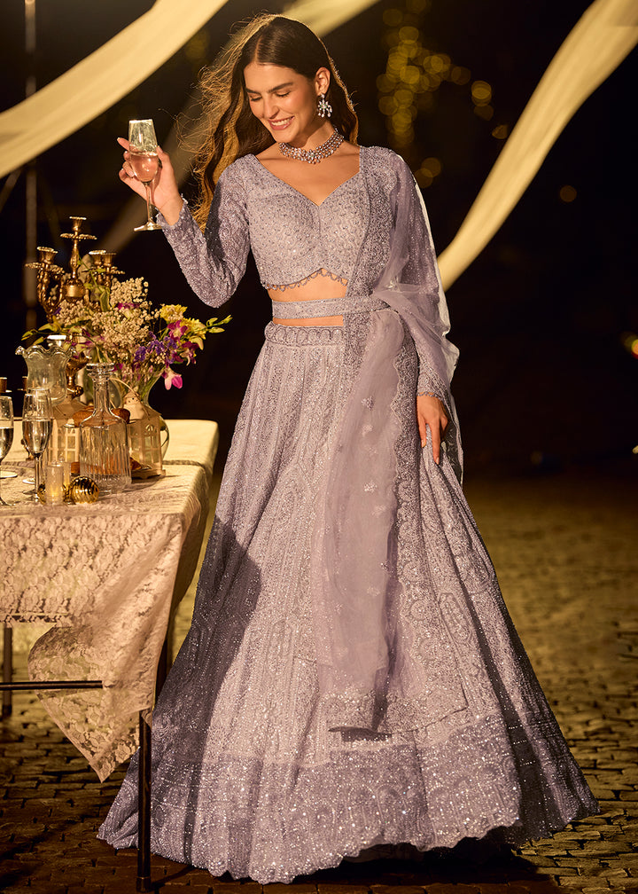 Buy Now Pastel Lilac Net Reception Wear Lehenga Choli Online in US, UK, Canada, France, Germany, Sweden, Greece, Denmark, Spain, UAE & Worldwide at Empress.