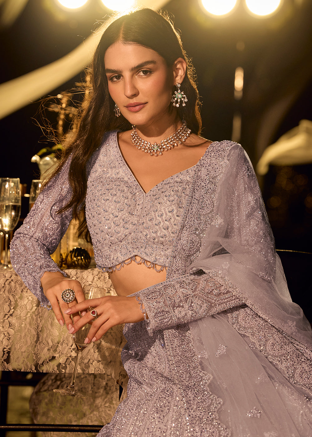 Buy Now Pastel Lilac Net Reception Wear Lehenga Choli Online in US, UK, Canada, France, Germany, Sweden, Greece, Denmark, Spain, UAE & Worldwide at Empress.