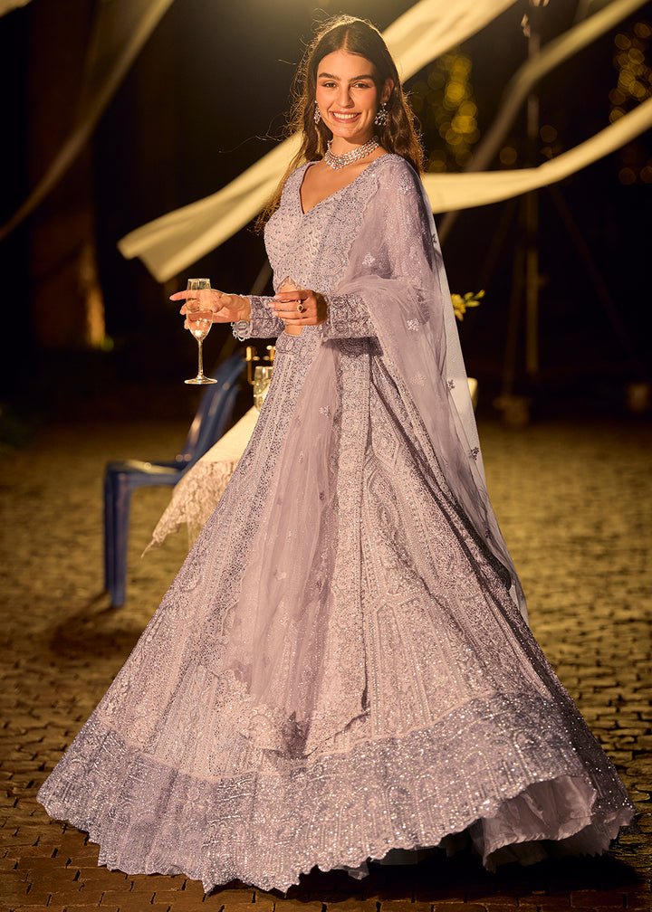 Buy Now Pastel Lilac Net Reception Wear Lehenga Choli Online in US, UK, Canada, France, Germany, Sweden, Greece, Denmark, Spain, UAE & Worldwide at Empress.