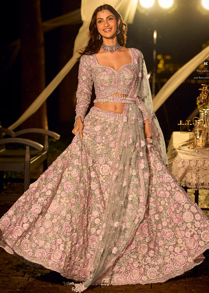 Buy Now Pastel Mint & Pink Net Reception Wear Lehenga Choli Online in US, UK, Canada, France, Germany, Sweden, Greece, Denmark, Spain & Worldwide at Empress.