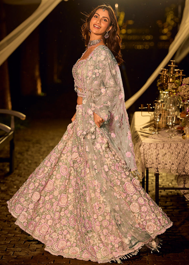 Buy Now Pastel Mint & Pink Net Reception Wear Lehenga Choli Online in US, UK, Canada, France, Germany, Sweden, Greece, Denmark, Spain & Worldwide at Empress.