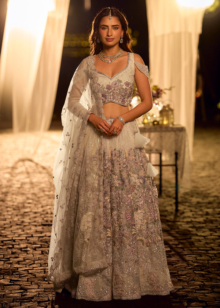 Buy Now Pastel Sage Green Net Reception Wear Lehenga Choli Online in US, UK, Canada, France, Germany, Sweden, Greece, Denmark, Spain, UAE & Worldwide at Empress.