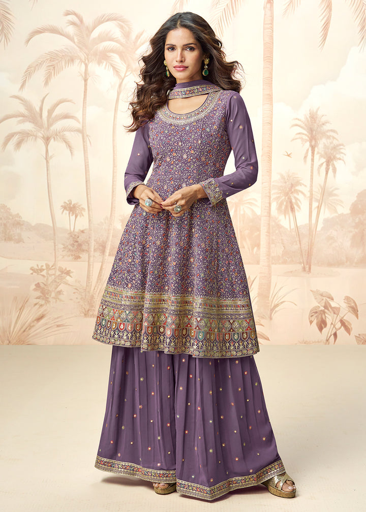 Buy Now Purple Real Georgette Embellished Palazzo Style Suit Online in USA, UK, Canada, Germany, Italy, France, Austria, UAE & Worldwide at Empress Clothing.