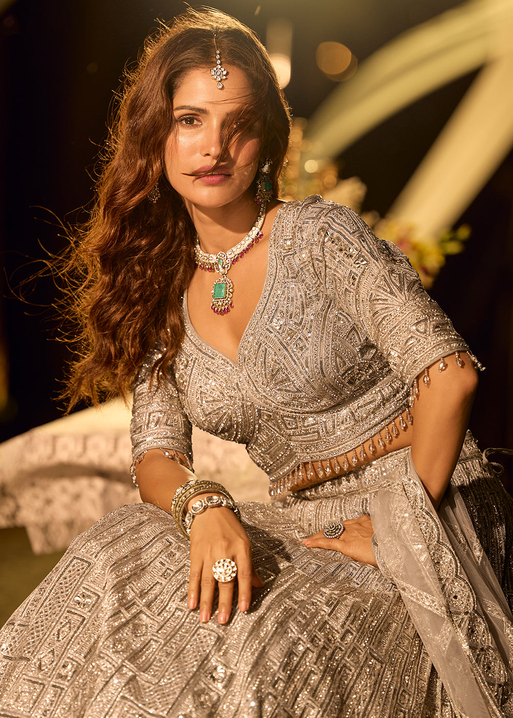 Buy Now Pastel Silver Grey Net Reception Wear Lehenga Choli Online in US, UK, Canada, France, Germany, Sweden, Greece, Denmark, Spain, UAE & Worldwide at Empress.