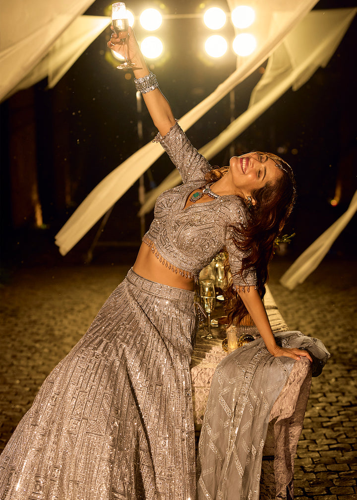 Buy Now Pastel Silver Grey Net Reception Wear Lehenga Choli Online in US, UK, Canada, France, Germany, Sweden, Greece, Denmark, Spain, UAE & Worldwide at Empress.