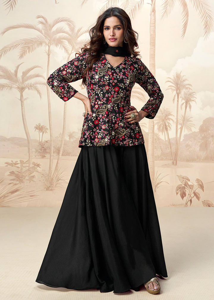 Buy Now Black Digital Printed & Embroidered Palazzo Style Suit Online in USA, UK, Canada, Germany, Italy, France, New Zealand, UAE & Worldwide at Empress.
