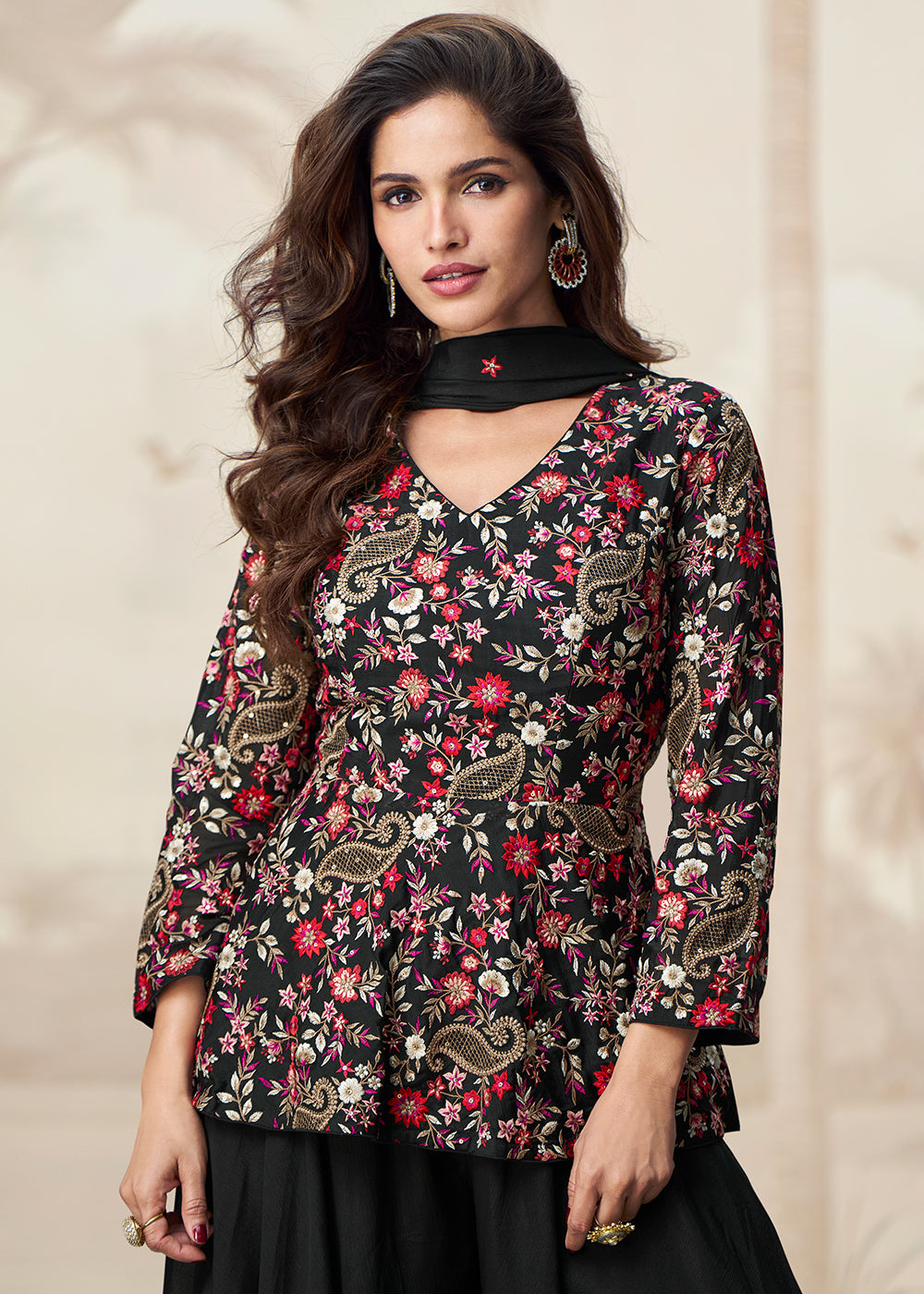 Buy Now Black Digital Printed & Embroidered Palazzo Style Suit Online in USA, UK, Canada, Germany, Italy, France, New Zealand, UAE & Worldwide at Empress.