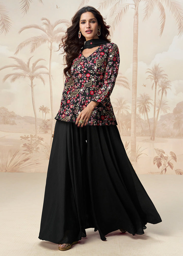 Buy Now Black Digital Printed & Embroidered Palazzo Style Suit Online in USA, UK, Canada, Germany, Italy, France, New Zealand, UAE & Worldwide at Empress.