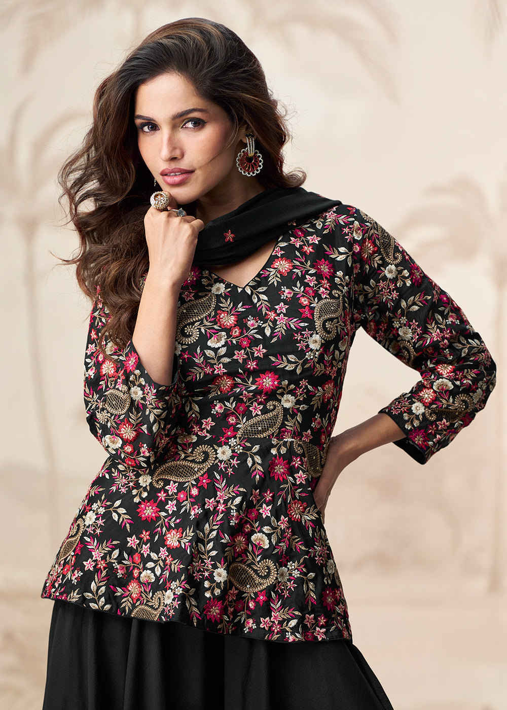 Buy Now Black Digital Printed & Embroidered Palazzo Style Suit Online in USA, UK, Canada, Germany, Italy, France, New Zealand, UAE & Worldwide at Empress.