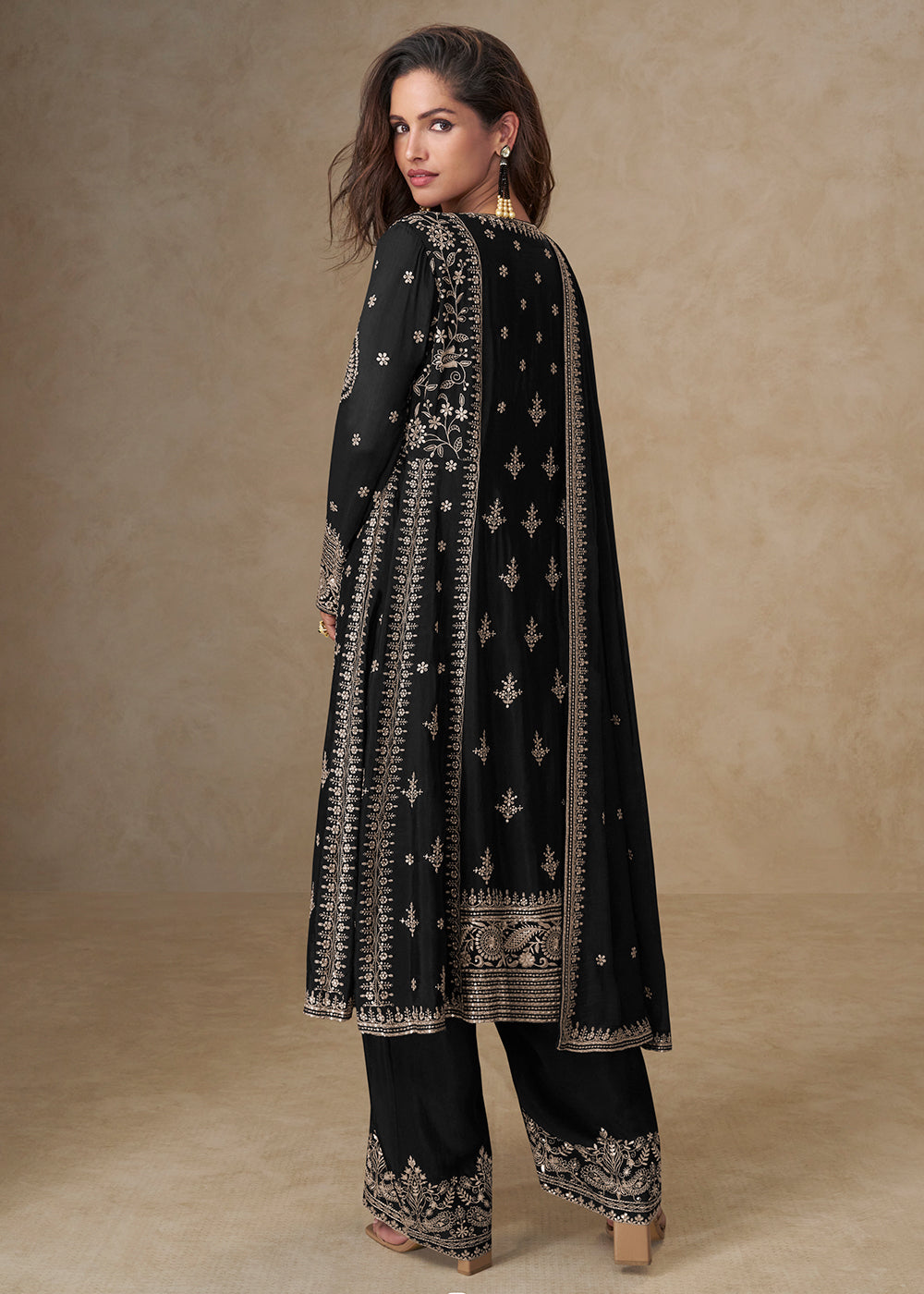 Buy Now Black Palazzo Chinnon Silk Embroidered Festive Suit Suit Online in US, UK, Canada, Germany, Italy, France, Austria, UAE & Worldwide at Empress Clothing.