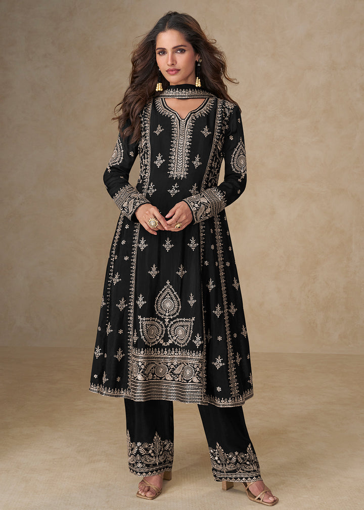 Buy Now Black Palazzo Chinnon Silk Embroidered Festive Suit Suit Online in US, UK, Canada, Germany, Italy, France, Austria, UAE & Worldwide at Empress Clothing.