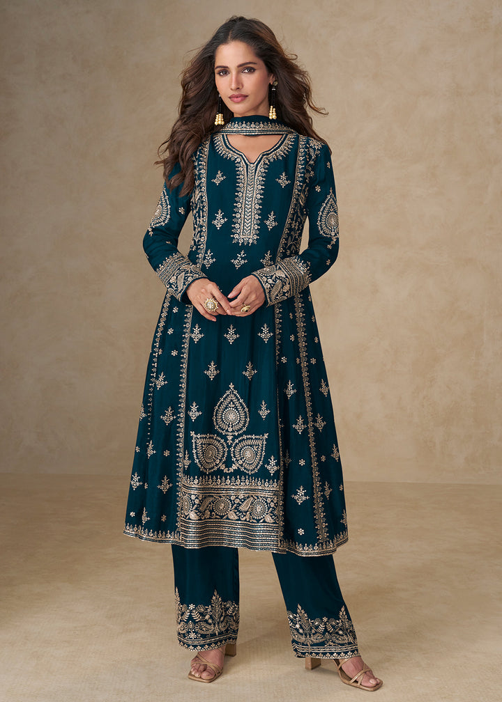 Buy Now Blue Palazzo Chinnon Silk Embroidered Festive Suit Suit Online in US, UK, Canada, Germany, Italy, France, Austria, UAE & Worldwide at Empress Clothing.