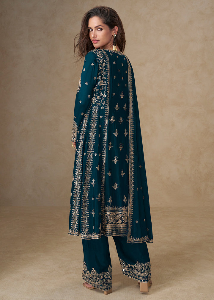 Buy Now Blue Palazzo Chinnon Silk Embroidered Festive Suit Suit Online in US, UK, Canada, Germany, Italy, France, Austria, UAE & Worldwide at Empress Clothing.
