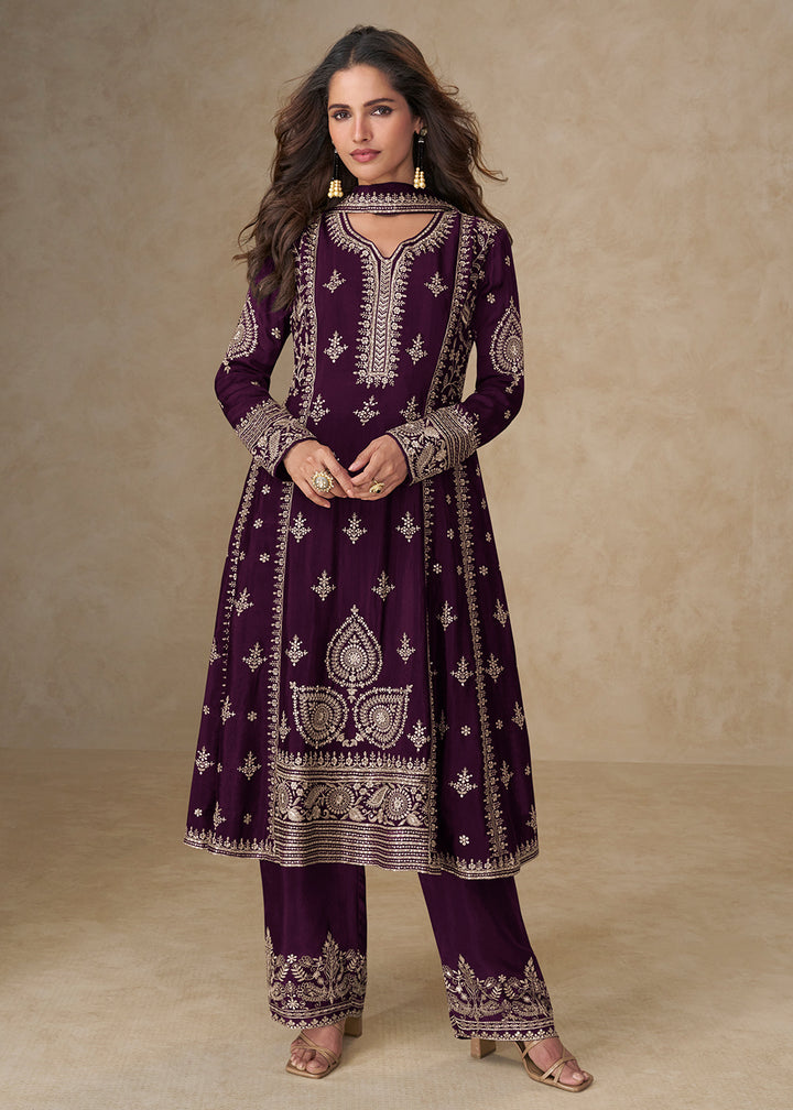 Buy Now Purple Palazzo Chinnon Silk Embroidered Festive Suit Suit Online in US, UK, Canada, Germany, Italy, France, Austria, UAE & Worldwide at Empress Clothing.