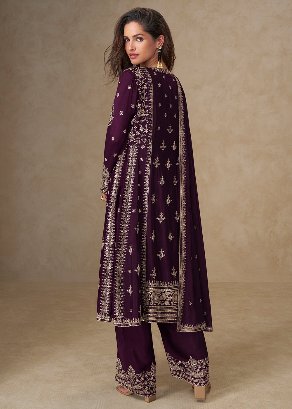 Buy Now Purple Palazzo Chinnon Silk Embroidered Festive Suit Suit Online in US, UK, Canada, Germany, Italy, France, Austria, UAE & Worldwide at Empress Clothing.