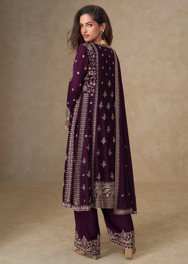 Buy Now Purple Palazzo Chinnon Silk Embroidered Festive Suit Suit Online in US, UK, Canada, Germany, Italy, France, Austria, UAE & Worldwide at Empress Clothing.