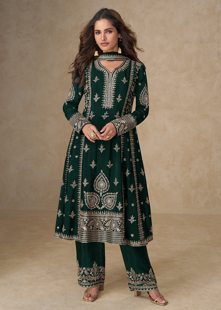 Buy Now Green Palazzo Chinnon Silk Embroidered Festive Suit Suit Online in US, UK, Canada, Germany, Italy, France, Austria, UAE & Worldwide at Empress Clothing.
