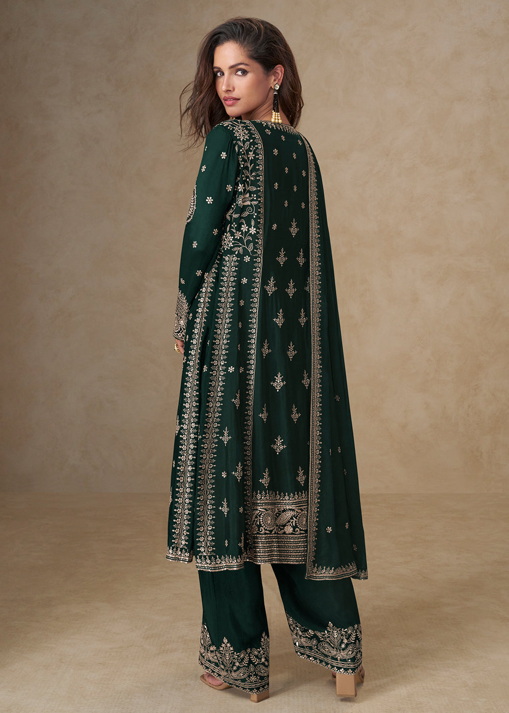 Buy Now Green Palazzo Chinnon Silk Embroidered Festive Suit Suit Online in US, UK, Canada, Germany, Italy, France, Austria, UAE & Worldwide at Empress Clothing.