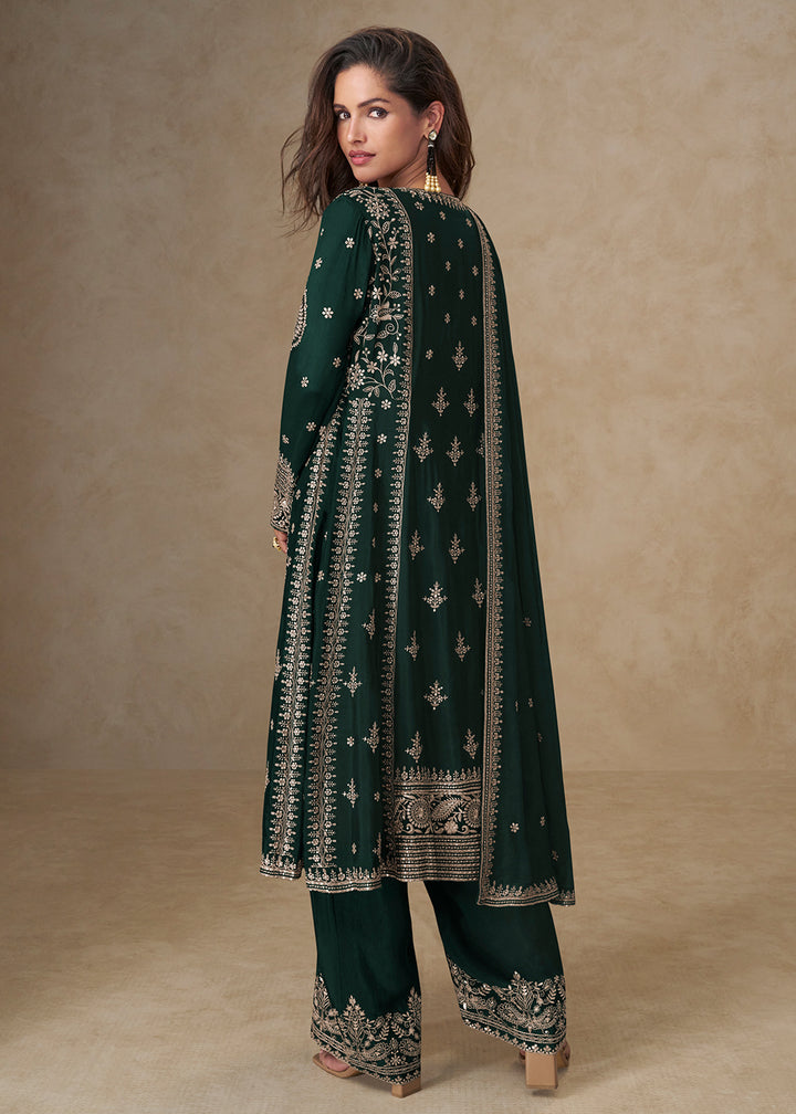 Buy Now Green Palazzo Chinnon Silk Embroidered Festive Suit Suit Online in US, UK, Canada, Germany, Italy, France, Austria, UAE & Worldwide at Empress Clothing.
