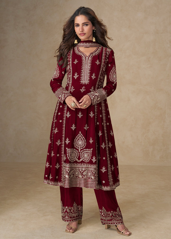 Buy Now Maroon Palazzo Chinnon Silk Embroidered Festive Suit Suit Online in US, UK, Canada, Germany, Italy, France, Austria, UAE & Worldwide at Empress Clothing.