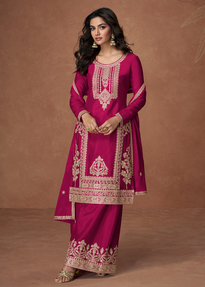 Buy Now Palazzo Style Pink Embroidered Chinnon Wedding Suit Online in USA, UK, Canada, Germany, Italy, France, Denmark, UAE & Worldwide at Empress Clothing.