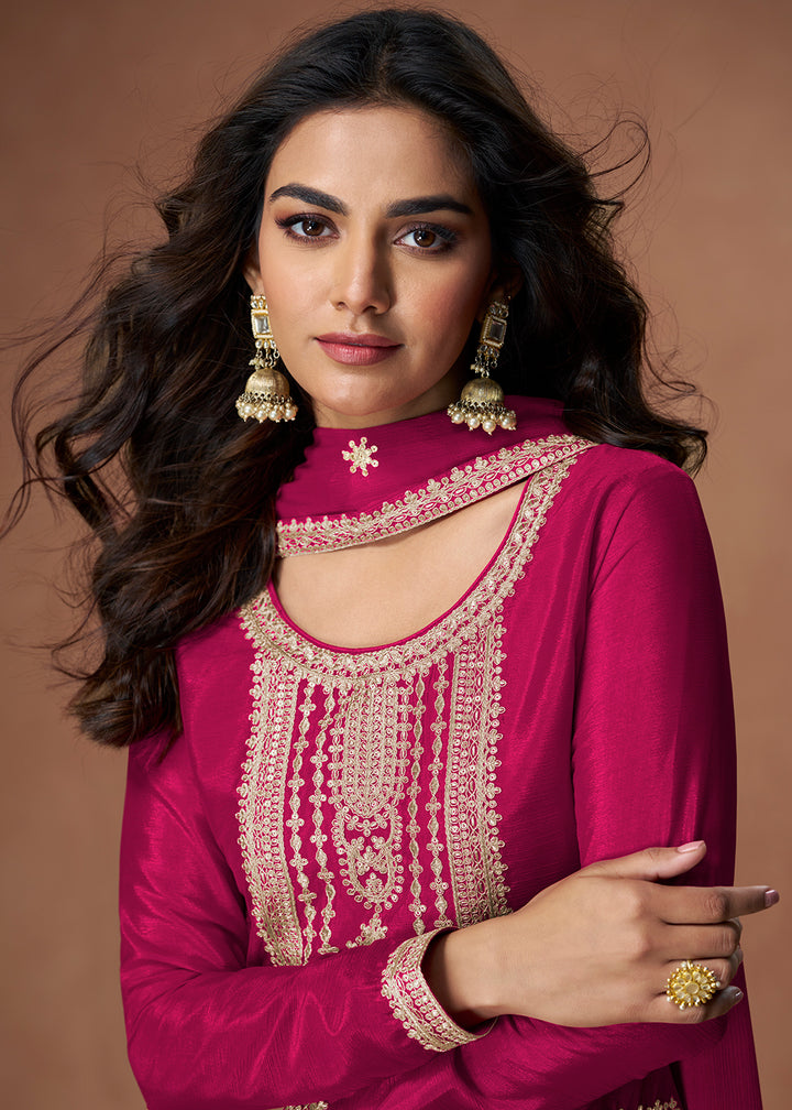 Buy Now Palazzo Style Pink Embroidered Chinnon Wedding Suit Online in USA, UK, Canada, Germany, Italy, France, Denmark, UAE & Worldwide at Empress Clothing.