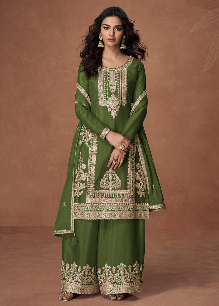 Buy Now Palazzo Style Green Embroidered Chinnon Wedding Suit Online in USA, UK, Canada, Germany, Italy, France, Denmark, UAE & Worldwide at Empress Clothing.
