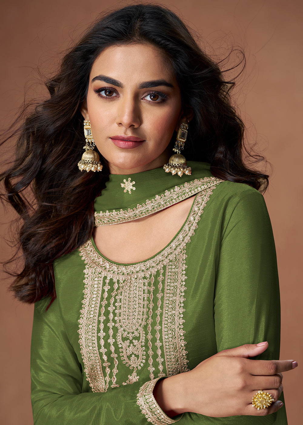 Buy Now Palazzo Style Green Embroidered Chinnon Wedding Suit Online in USA, UK, Canada, Germany, Italy, France, Denmark, UAE & Worldwide at Empress Clothing.