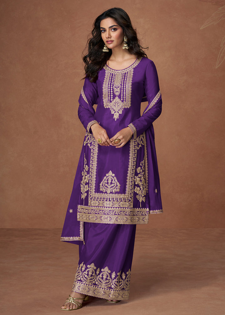 Buy Now Palazzo Style Purple Embroidered Chinnon Wedding Suit Online in USA, UK, Canada, Germany, Italy, France, Denmark, UAE & Worldwide at Empress Clothing.