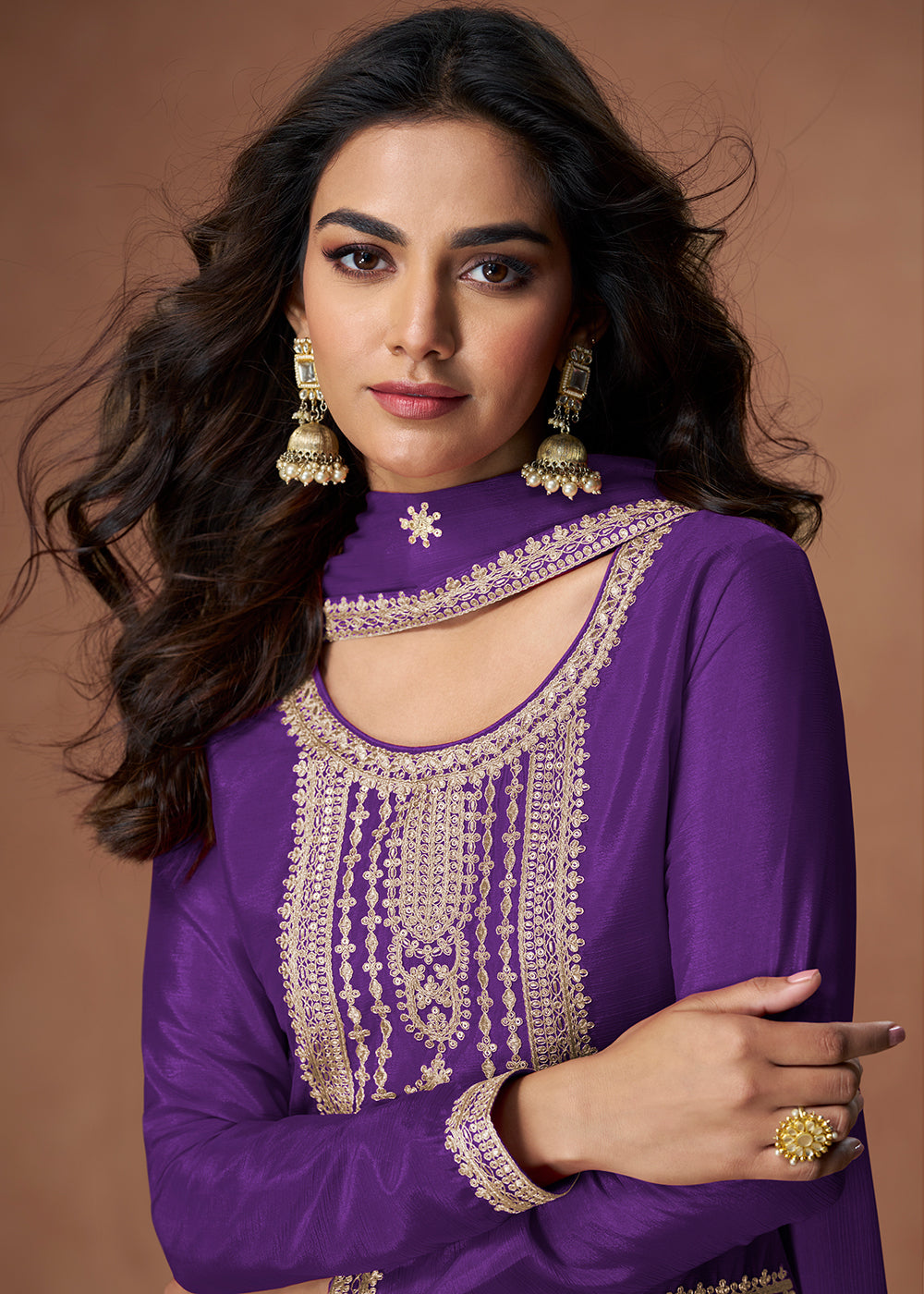 Buy Now Palazzo Style Purple Embroidered Chinnon Wedding Suit Online in USA, UK, Canada, Germany, Italy, France, Denmark, UAE & Worldwide at Empress Clothing.
