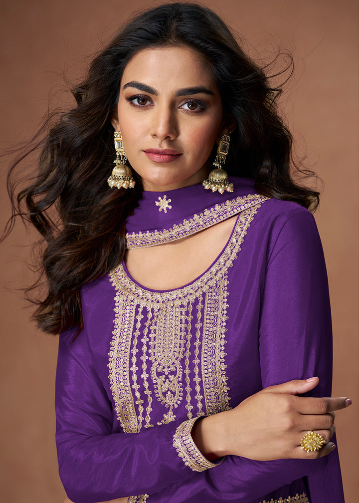 Buy Now Palazzo Style Purple Embroidered Chinnon Wedding Suit Online in USA, UK, Canada, Germany, Italy, France, Denmark, UAE & Worldwide at Empress Clothing.