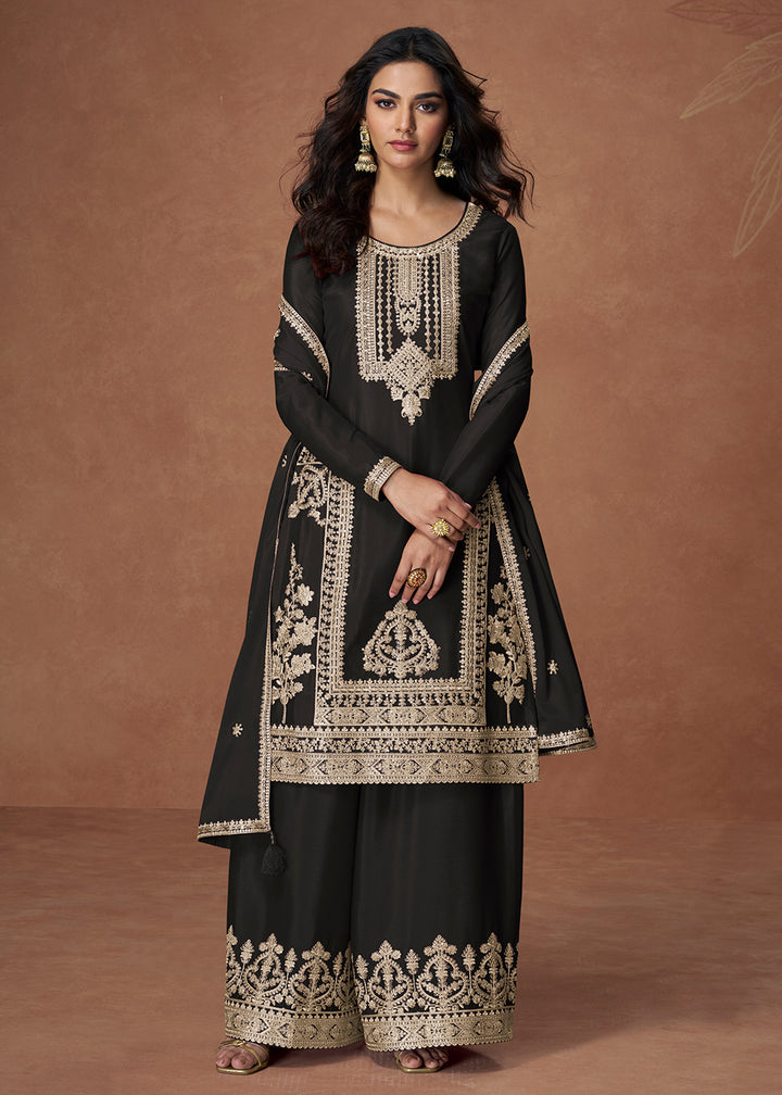 Buy Now Palazzo Style Black Embroidered Chinnon Wedding Suit Online in USA, UK, Canada, Germany, Italy, France, Denmark, UAE & Worldwide at Empress Clothing.
